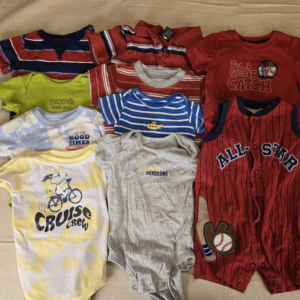 12 Month Baby Boys 8 Short Sleeve Bodysuits 1 Shirt 1 Romper Outfit
